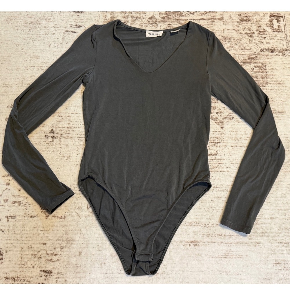 Marcella NYC Women Charcoal Grey V-Neck Long Sleeve Tencel Bodysuit Size M